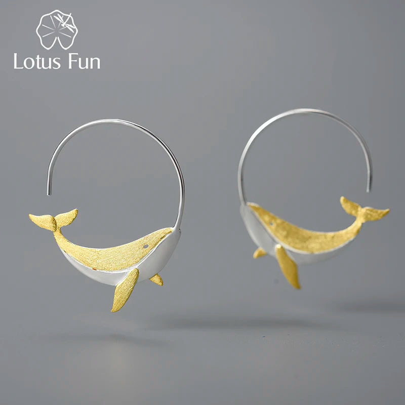 Lotus Fun Wholesale Hand Made 18K Gold Plated Pure 925 Sterling Silver Sea Animal Whale Hoop Earring Lovely Women Jewelry Fine