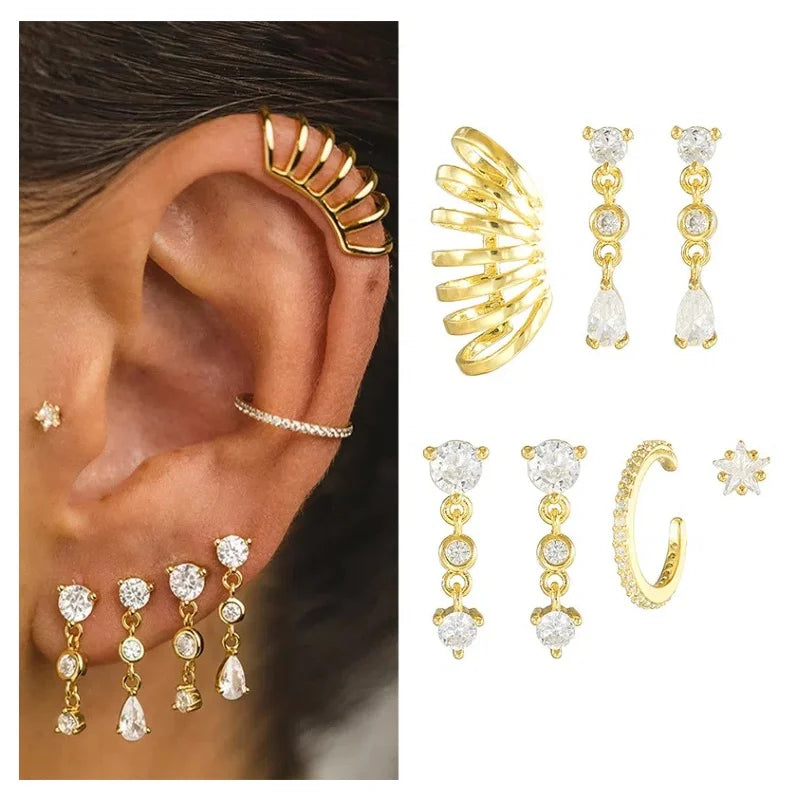 7Pcs Edgy Waterdrop Zircon Pendant Earrings with Punk Style Statement Jewelry Set
