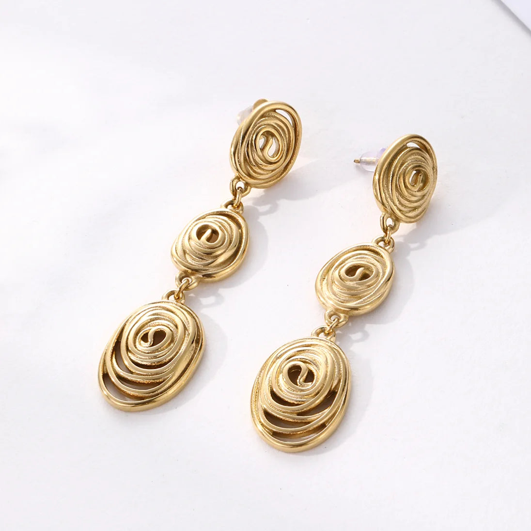 Hypoallergenic 18k Gold Plated Stainless Steel Circle Drop Post Back Closure Triple Swirl Spiral Drop Earrings