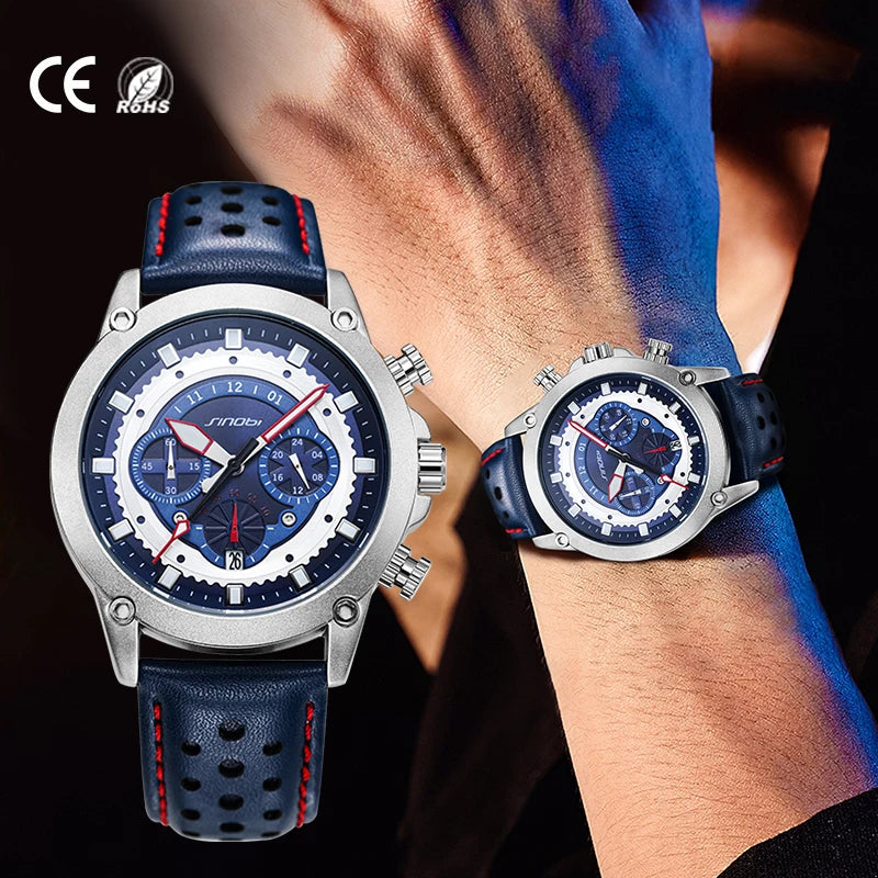 SINOBI Men's Quartz Watch Leather Strap Alloy Case Glass Waterproof 3BAR Water Resistant Fashion Business Custom Design Pointer