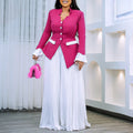 New Women Fashion Two Piece Set Stand Neck Long Flare Sleeve Top + Long Loose Pleated Pants Lady Spring Summer Elegant Suit