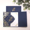 Luxury Blue Paper Cover Gatefold Hardcover Invitation Greeting Invites with Monogram Decoration