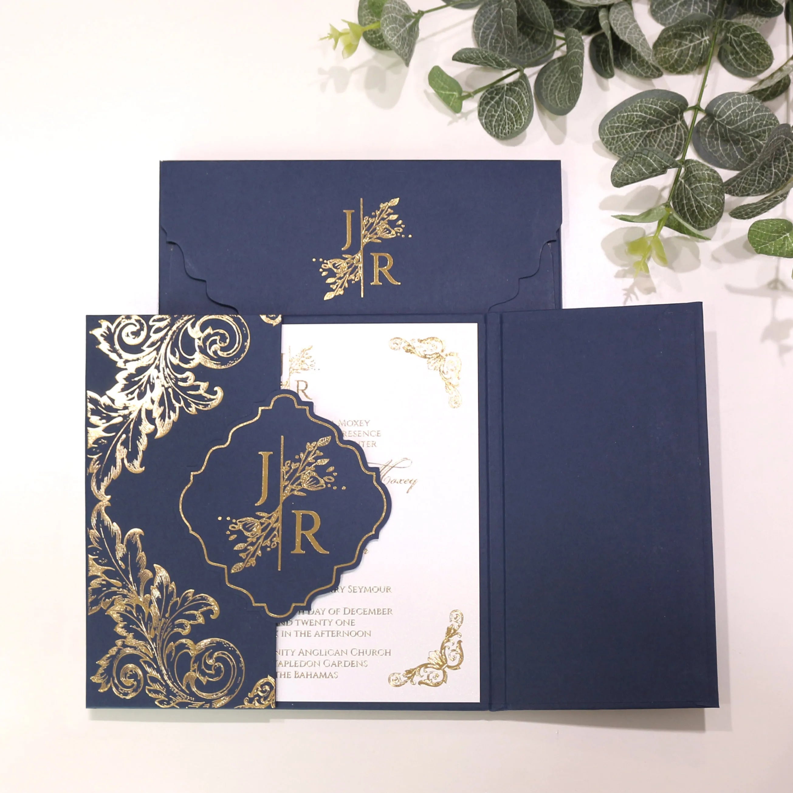 Luxury Blue Paper Cover Gatefold Hardcover Invitation Greeting Invites with Monogram Decoration