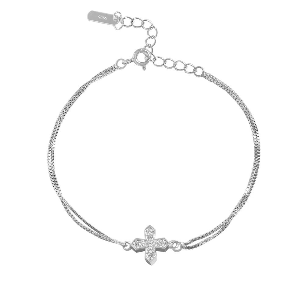 Adjustable Double-Layer Silver Cross Bracelet Hand Jewelry with Zircon Stone for Gift Charm Bracelets Type