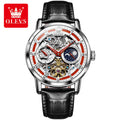 OLEVS 6670 New Arrival Black Male Mechanical Watch Costume Genuine Leather Strap Water Proof Luminous Big Business Wristwatch