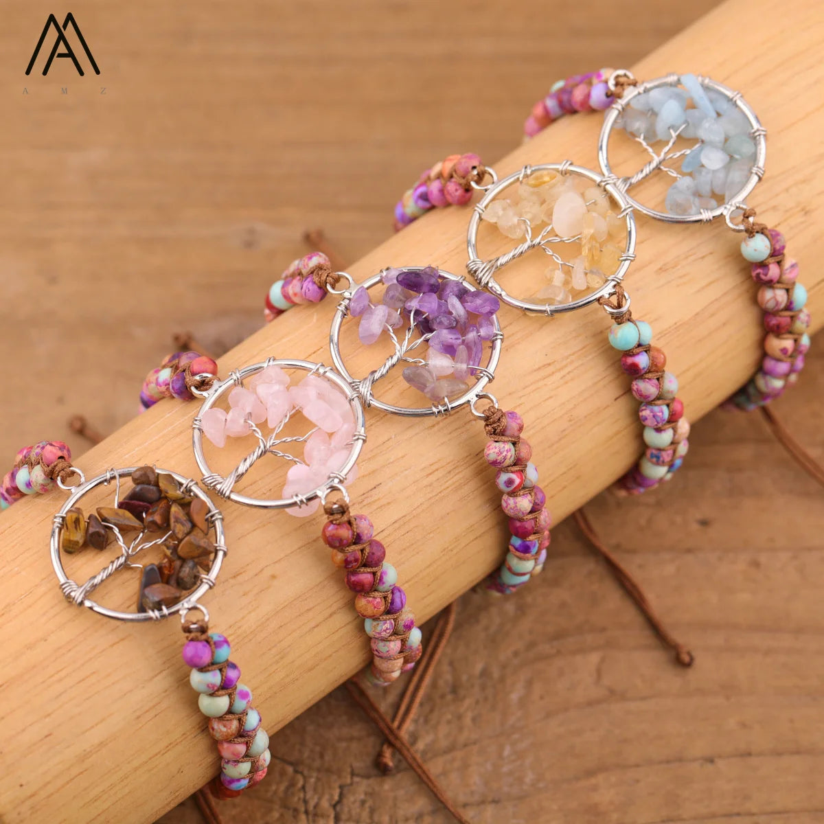 Classic Bohemian Style Tree of Life Charm Silver Plated Bracelet with Sea Sediment Jasper Beads Adjustable Length Wholesale Bulk