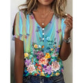 Fashion Women T-Shirt 3d Flowers Print Clothing V-Neck Short Sleeve Summer Harajuku Ladies Pullover Oversized Female Tees Top