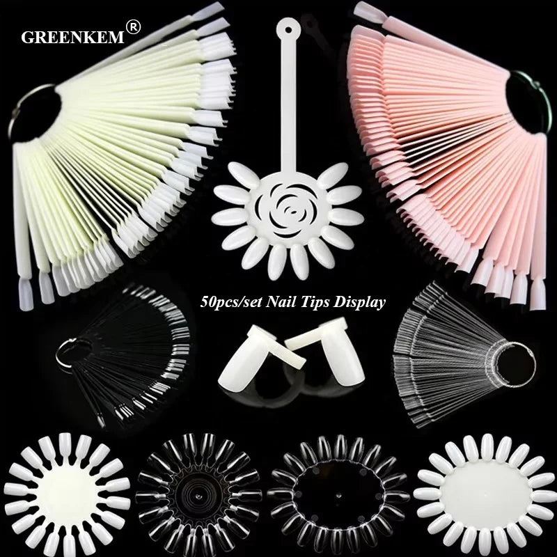 GREENKEM 50pcs/set Square Transparent Clear White Color Card Design Tools Square Nail Tips Fan Acrylic Nail Polish Display Racks
