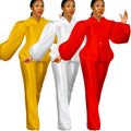 D3069 New Design Solid Color Puff Sleeve Top Wide Leg Trousers Two Piece Pants Set Women Office Dress