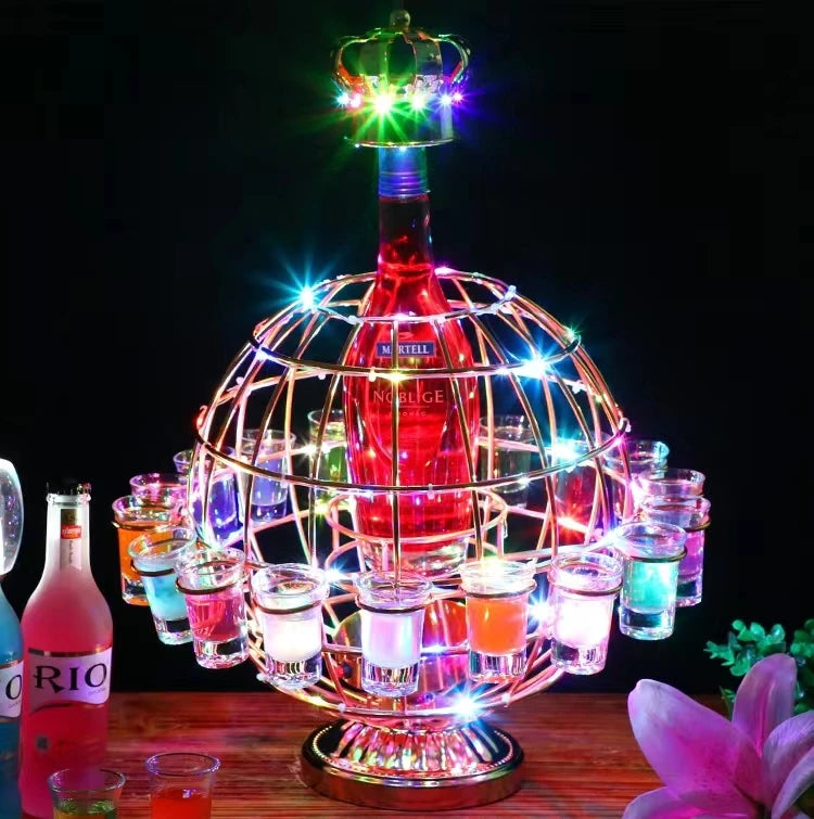 Rechargeable LED Flashing round Shape for Champagne Display Rack Bar Bottle Presenter with 18 Cup Holders Metal Material