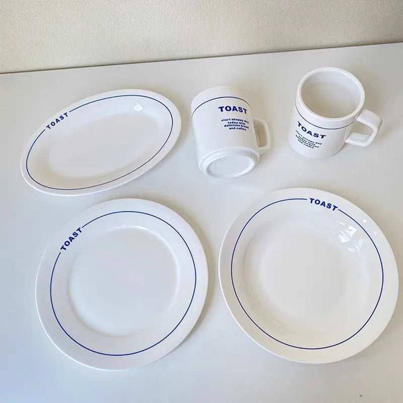Solhui Korean Retro Letters Ceramic Plate Mug Tableware Oval Dishes Dinnerware