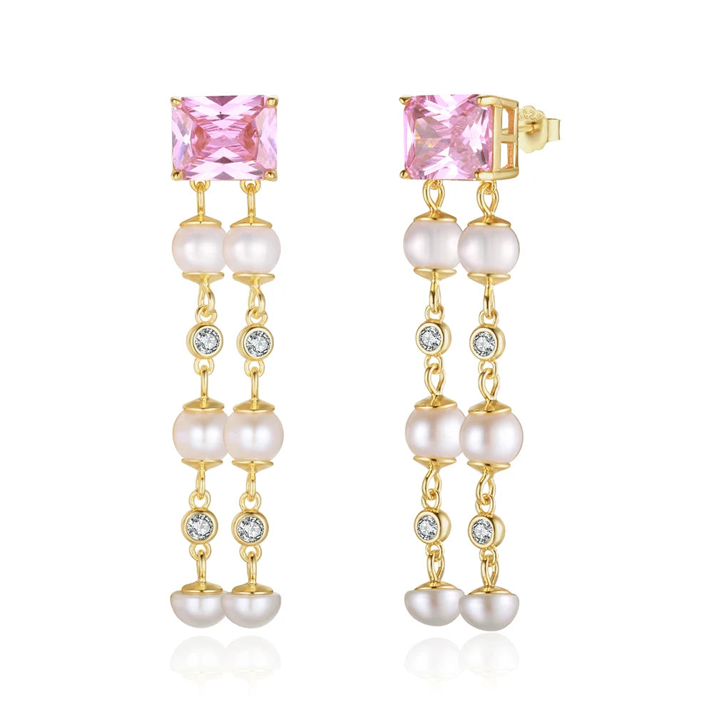 GPE58 RINNTIN Hypoallergenic 925 Sterling Silver Stud Earrings Pearl Drop Long Chain Pearl Earrings for Women and Girls
