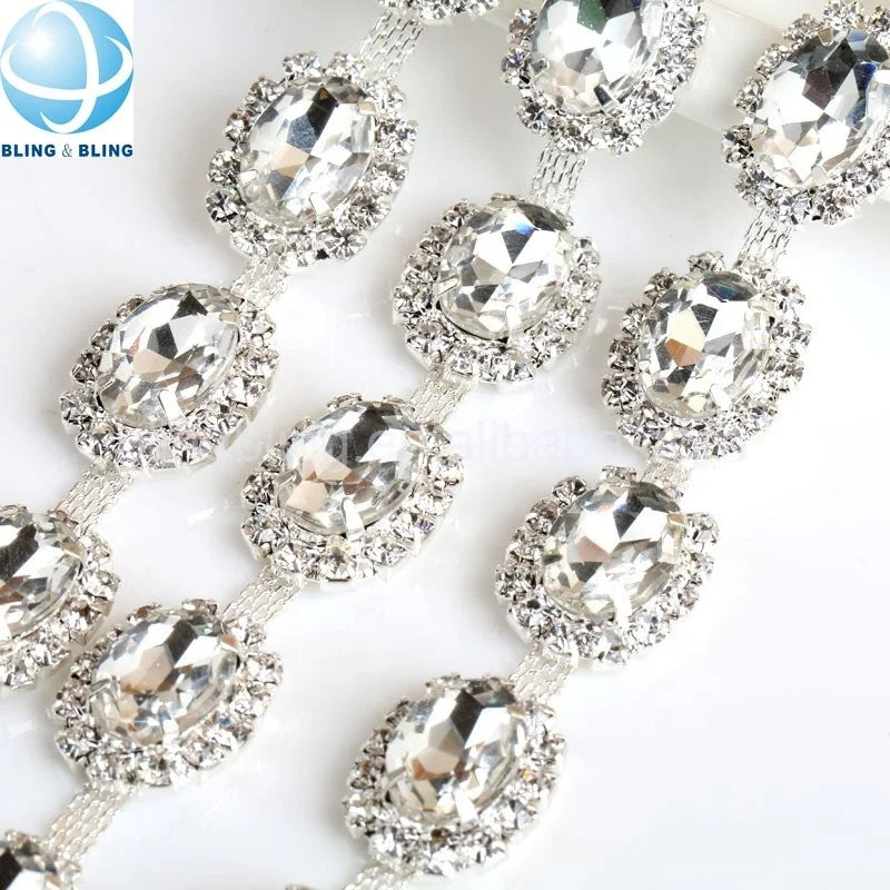 Silver Shiny Oval Crystal Chain Sew on Clothing Accessories Rhinestone Cup Chain Fringe Trim for Clothes Decorator