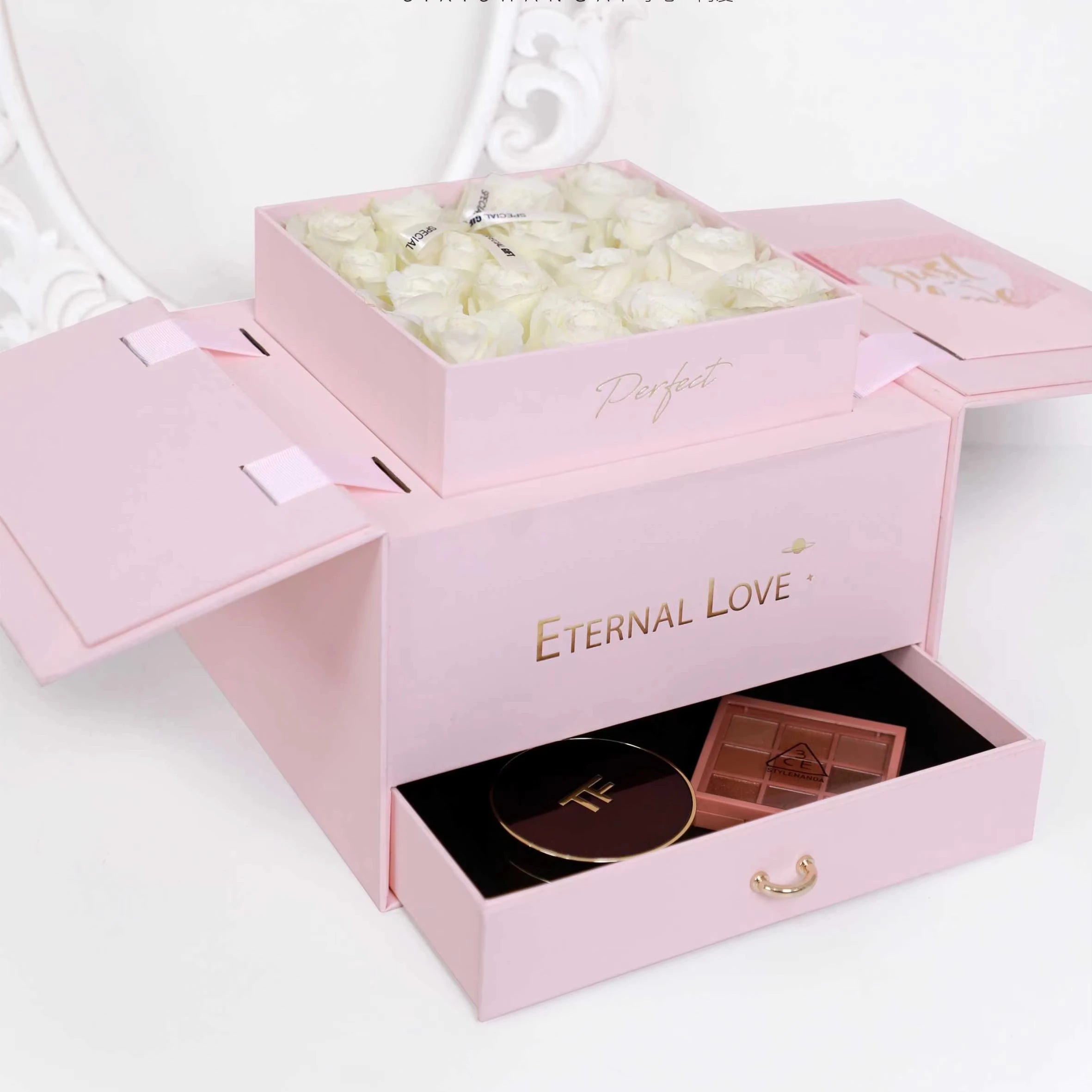 Luxury Creative Double-Opening Drawer Bronzing Square Flower Cardboard Gift Box Glossy Lamination Rose Surprise Box Gift Packing