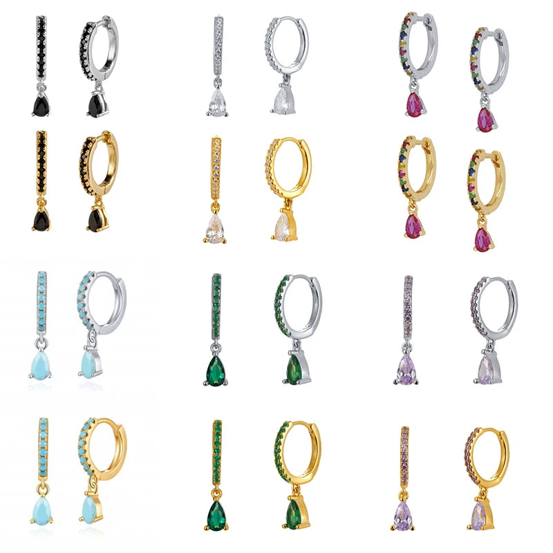 Wholesale Water Drop CZ Hoop Earring Turquoise Emerald CZ 925 Sterling Silver Earrings Rhodium Gold Plated Silver Jewelry