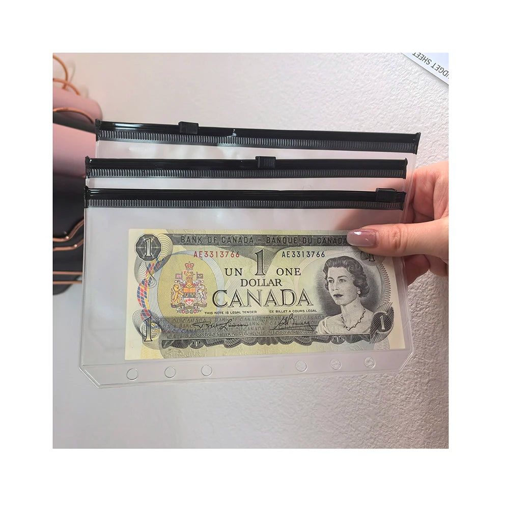 Wholesale Loose Leaf 6 Holes Punched Waterproof Black Zipper Budget Binder Pocket Ziplock Cash Envelope Bag A6 for Money Savings