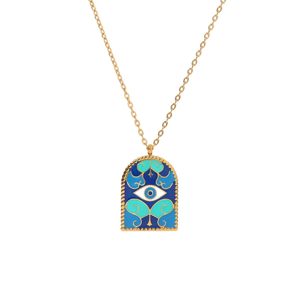 Women's Stainless Steel 18K Gold Plated Necklace Trendy Roman Arch Pendant Oil Dripping Enamel Evil Eye Amulet Heart Pattern