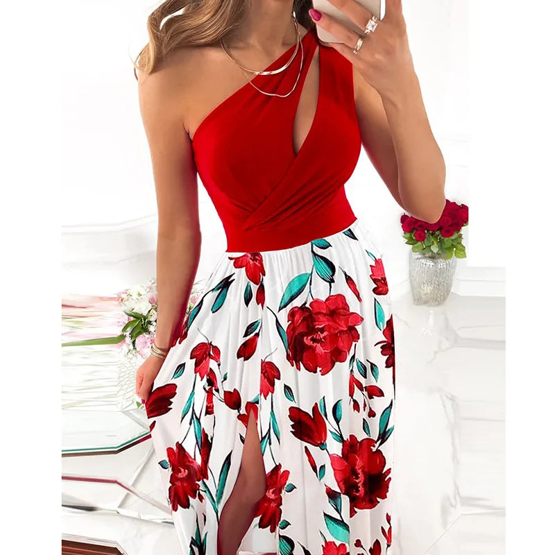 2023 Summer New Arrival Girls' Off-Shoulder Sleeveless Party Maxi Dress Irregular High Waist Natural Waistline Digital Printed