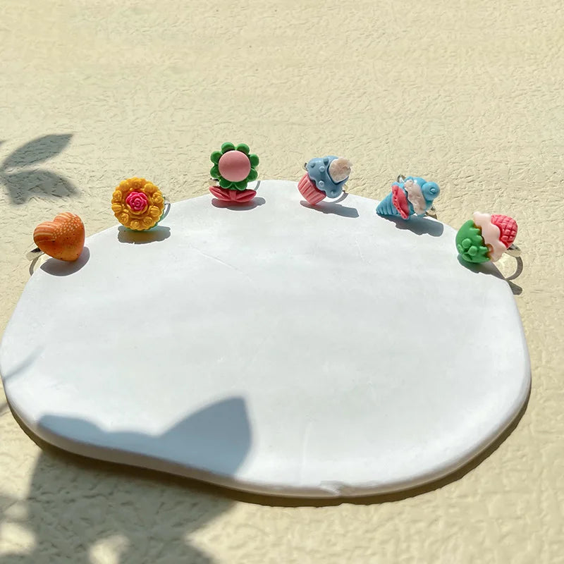 SC Jewelry 3-9 Age Girls Funny Simulated Food Kids Rings Childlike Adjustable Polymer Clay Cake Ice Cream Flower Ring