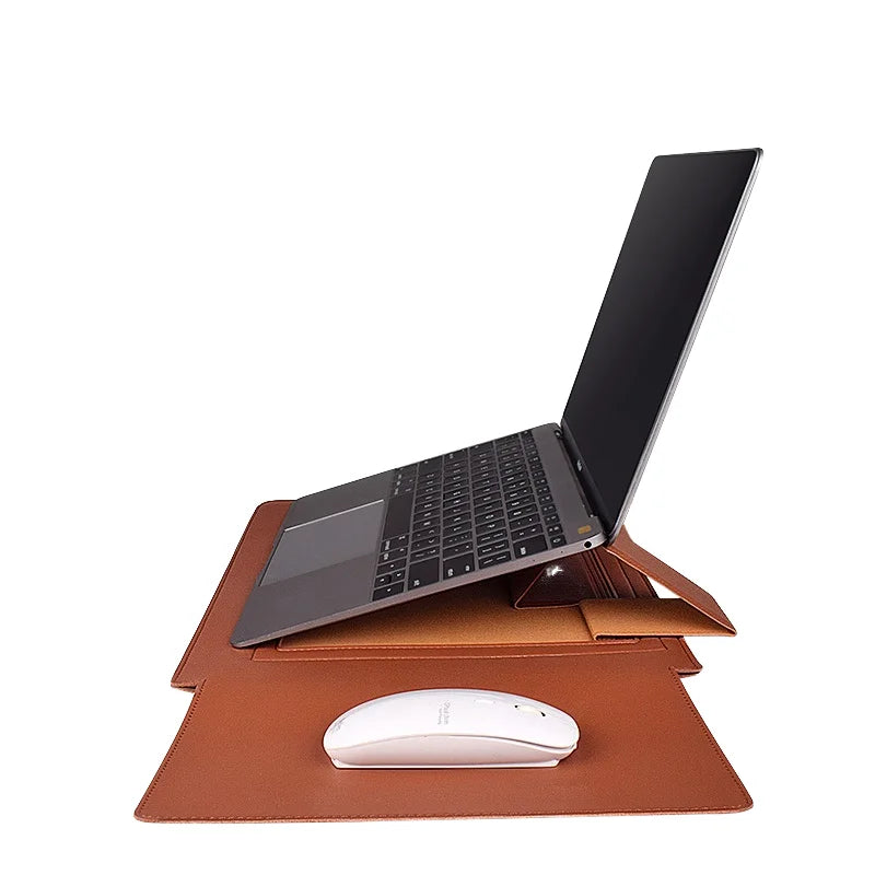 Waterproof Computer Laptop Sleeve Bag PU Leather Carrying Messenger Bag Stand Holder for Business