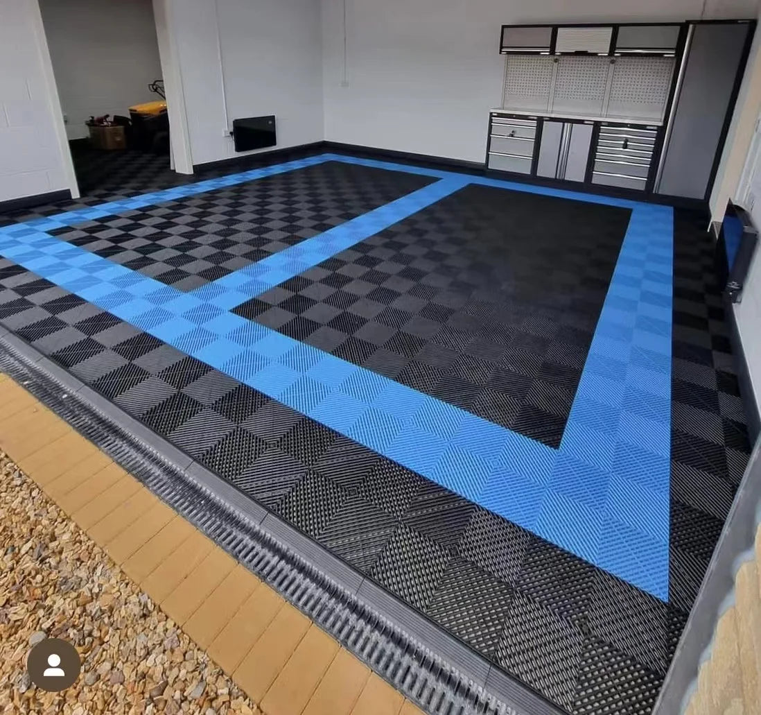 Cheap Durable Plastic PP Interlock Garage Floor Tiles PVC Werkstattboden Vinyl Flooring for Indoor Use Car Beauty Graphic Design