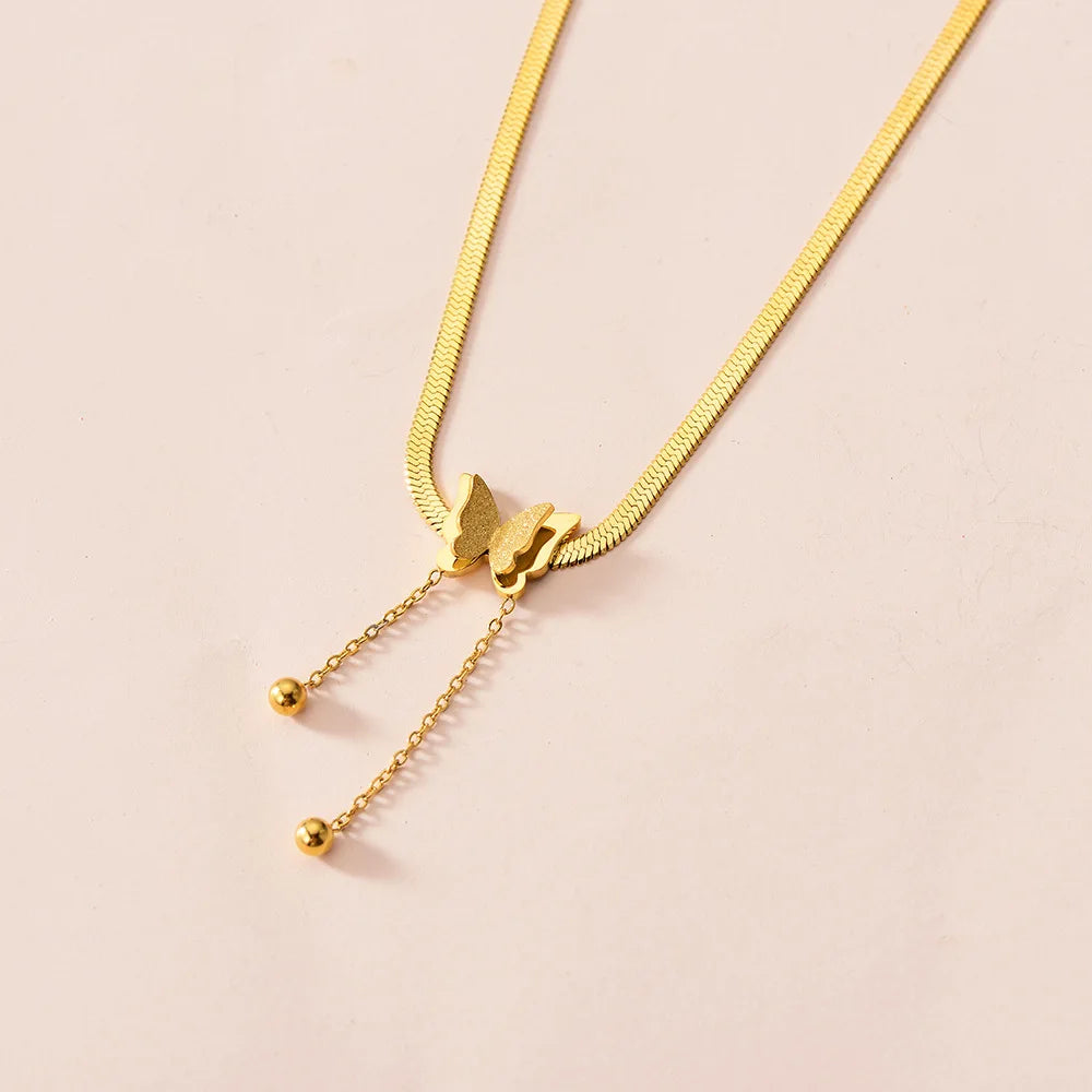 Designer Tassel Snake Bone Chain Necklace Woman Luxury Stainless Steel Genuine Gold Frosted Butterfly Pendant Necklace
