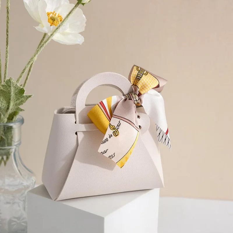Hand-Held PU Leather Candy Box Wedding Tray Bag Gift Packaging Box Easter Party Decoration Candy Pouch with Scarf