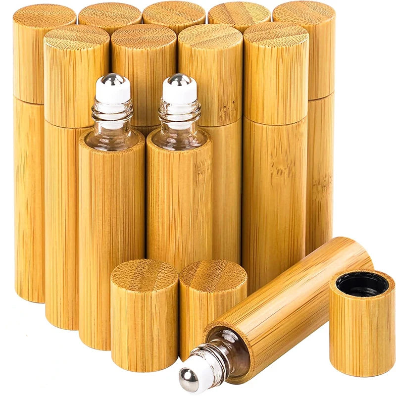 10ml  Stainless Steel Roller Ball Bamboo Roll on Bottles Essential Oils Portable Massage Oil Glass Bottle