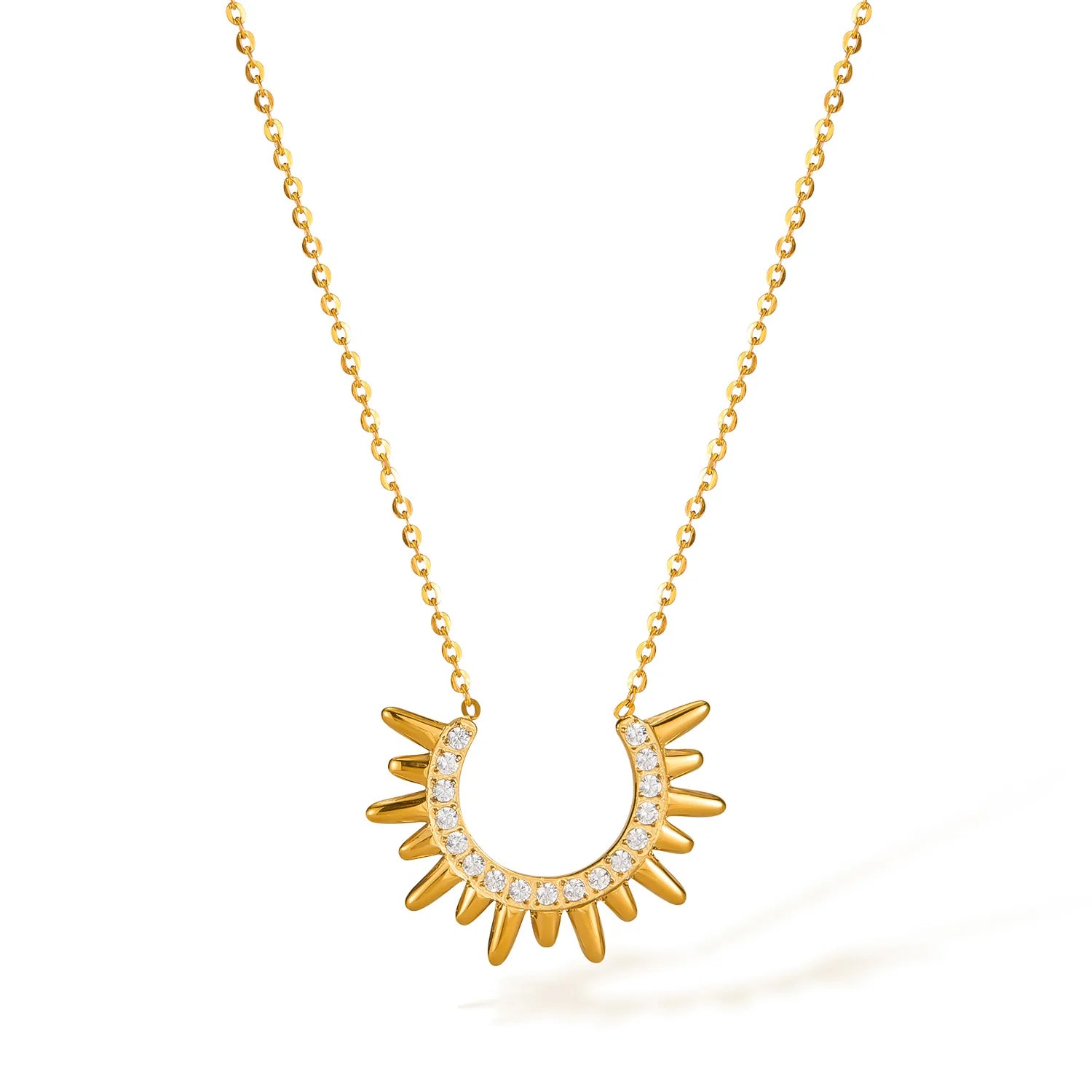 Dingran Trendy European American New 18K Gold Stainless Steel Zircon Sunburst Pendant Necklace with Link Chain Geometric Shape