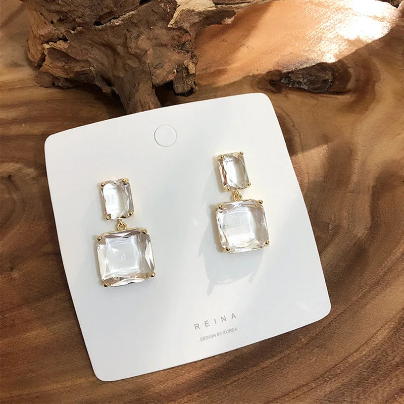 New Design Fashion Jewelry Square Gemstone Earring Pendant Transparent Rhinestone Glass Crystal Party Earrings for Women Gift