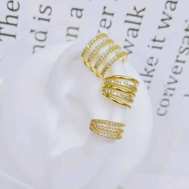 EM1992 18k Gold Plated 3 4 Layered Multilayer Conch Ear Cuff Triple Line Cartilage Wrap No Piercing Earring