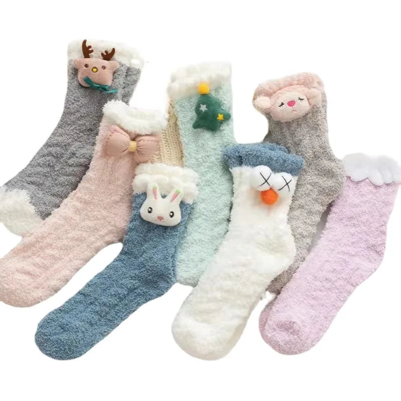 Cute Cartoon Tube Floor Socks Coral Velvet Thick Warm Sleeping Socks for Fall Winter Non-Shedding Home Socks Crew Knitted