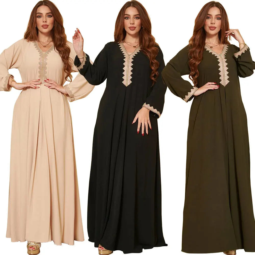 AB163 New Trendy Traditional Muslim Clothing Middle East Lace Ethnic Style Southeast Asian Maxi Dress Ladies Muslim Women Dress