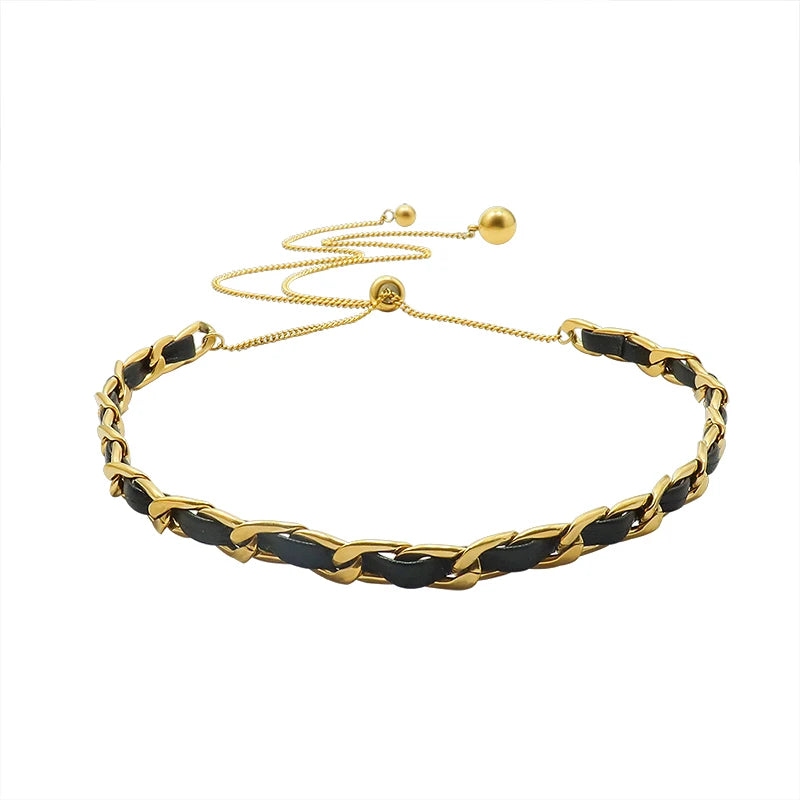 Fashion Personality Leather Rope Chain Tassel Can Pull Necklace Clavicle Chain Titanium Steel 18K Gold