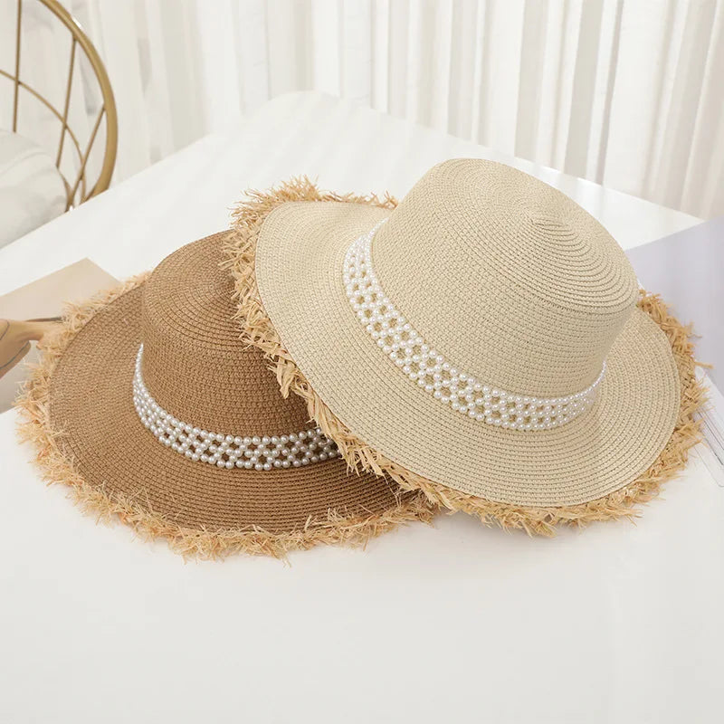 Women Summer Sunscreen Large Brim Pearl Raffia Straw Hat