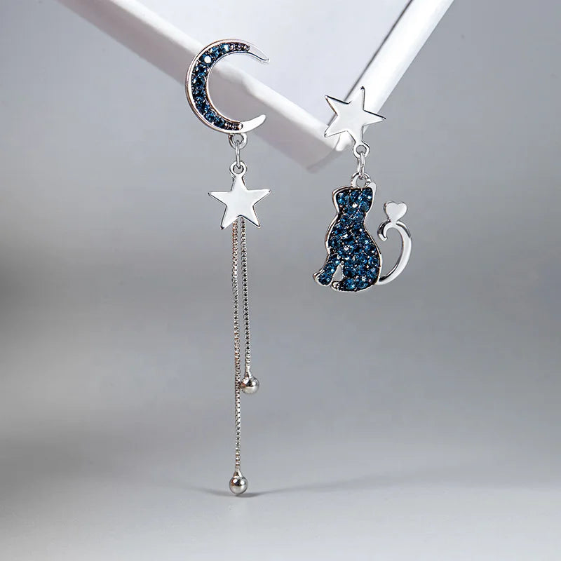 2023 New Design Zircon CZ Cute Animals Earrings 925 Sterling Silver Moon Shape Tassel Stud Earrings Jewelry