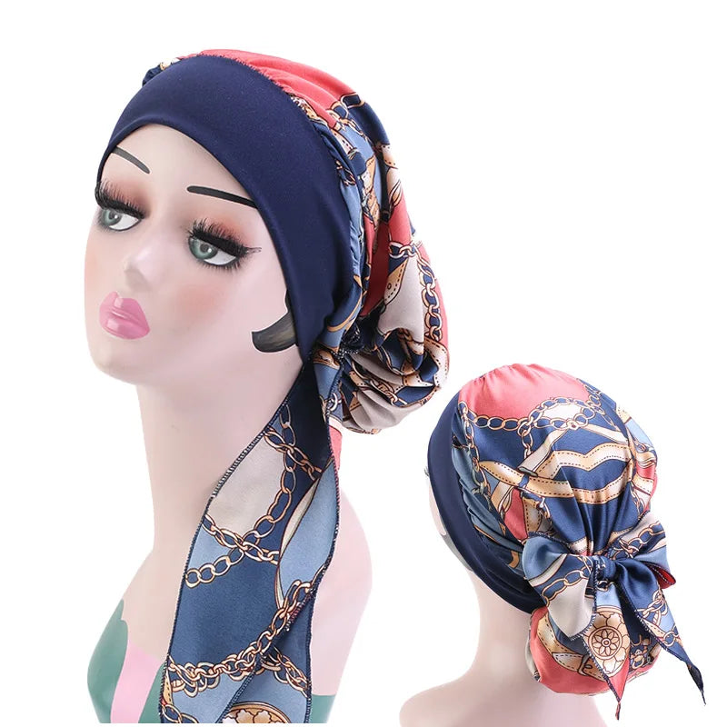 New Silky Pattern Pre-tie Hair Cover Headwrap Bandana Polyester Hair Accessories Hijab Turban for Women