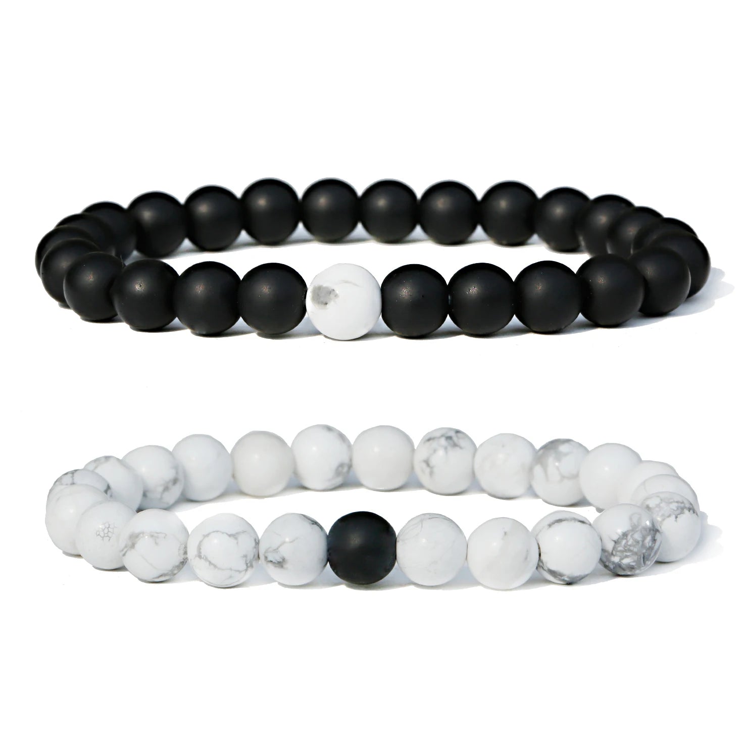 Fashion Black Matte Stone Bead White Howlite Stone Yin Yang Couple Bracelet Set Distance His & Hers Forever Bracelet Wholesale
