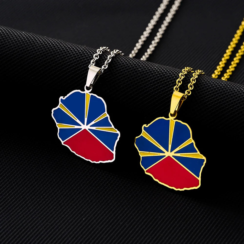 La RÃ©union Map Chain Necklaces Stainless Steel Silver 18K Gold Plated La Reunion Island National Flag Pendant Necklace