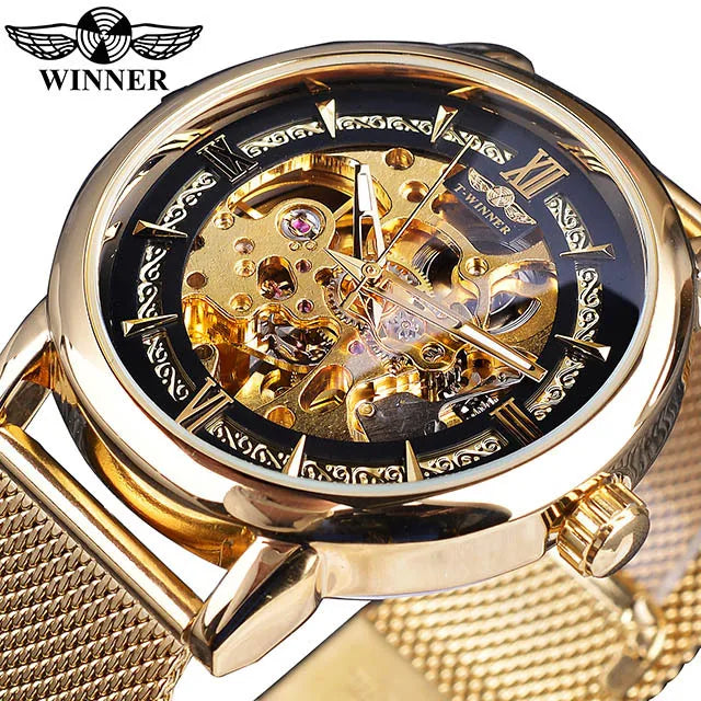 Winner Watch Wrist Fashion Hand Wind Mechanical Skeleton Luminous Hands Stainless Steel Mesh Strap Business Watches Men Wrist