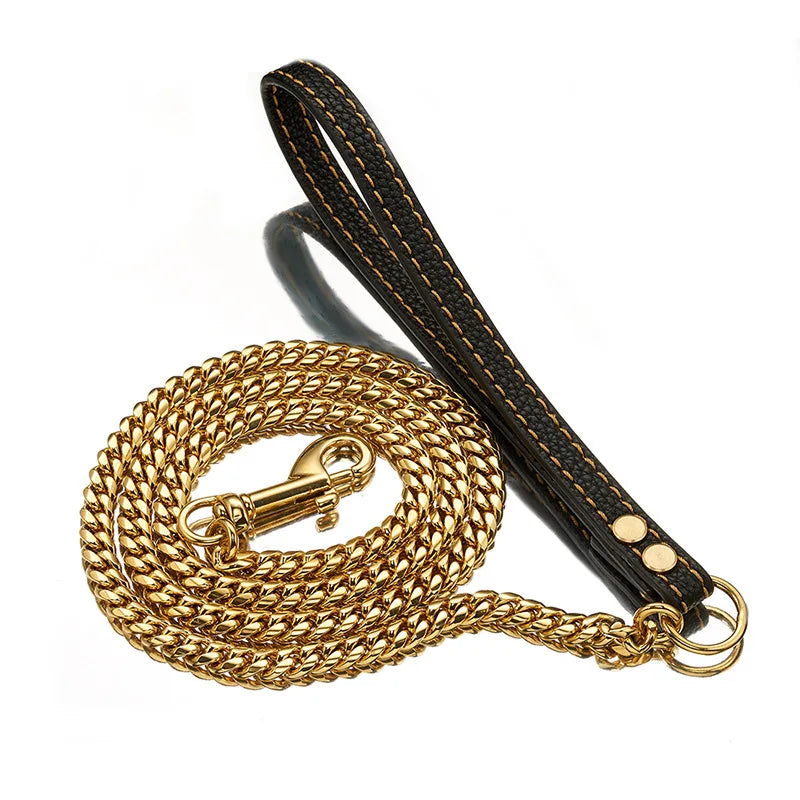 Hot Sale Pet Leashes Manufacturers Stainless Steel Hands Free Heavy Duty Strong Leather Gold Dog Leash MegaBDM