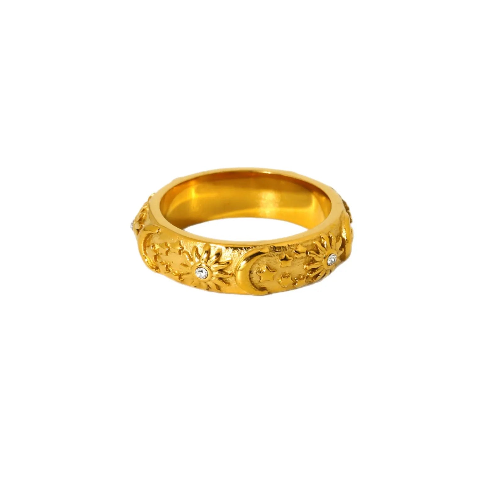 Women's Fashion Stainless Steel Sun Moon Star Ring 18K PVD Gold Plated Waterproof Inlaid Zircon Ring Anniversary Gift Jewelry