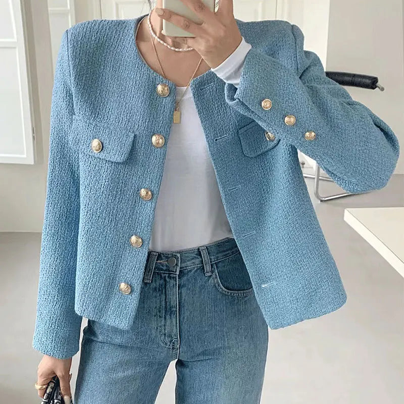Wholesale 2026 Korean Chic Spring French Soft Round Neck Metal Single Breasted Loose and Versatile Small Fragrant Tweed Jacket