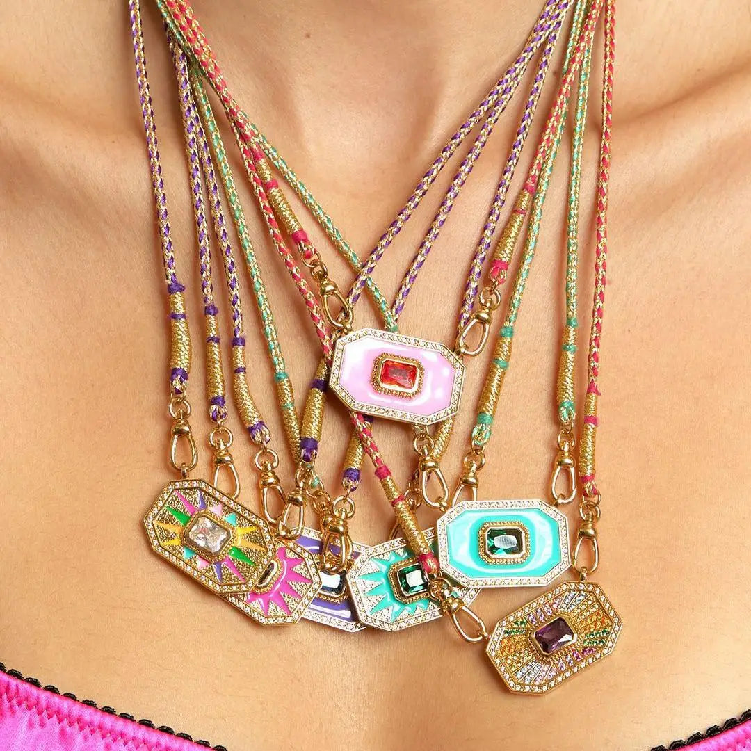2025 Trendy Colorful Tarot Card Square Pendant Necklace with Pink Dripping Oil and Rhinestones for Women Accessories Necklace