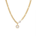 Burst Models Women Big Pearl Pendant Gold Thick Stainless Steel Figaro Chain Necklace