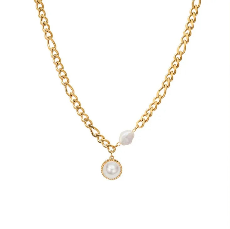 Burst Models Women Big Pearl Pendant Gold Thick Stainless Steel Figaro Chain Necklace