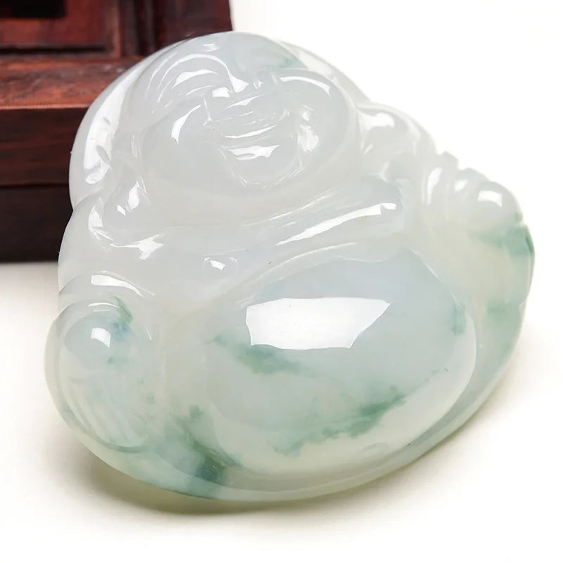 Women's Fashion Jewelry Natural Burmese a Grade Jadeite Laughing Buddha Pendant Necklace Floating Blue Flower Premium Material