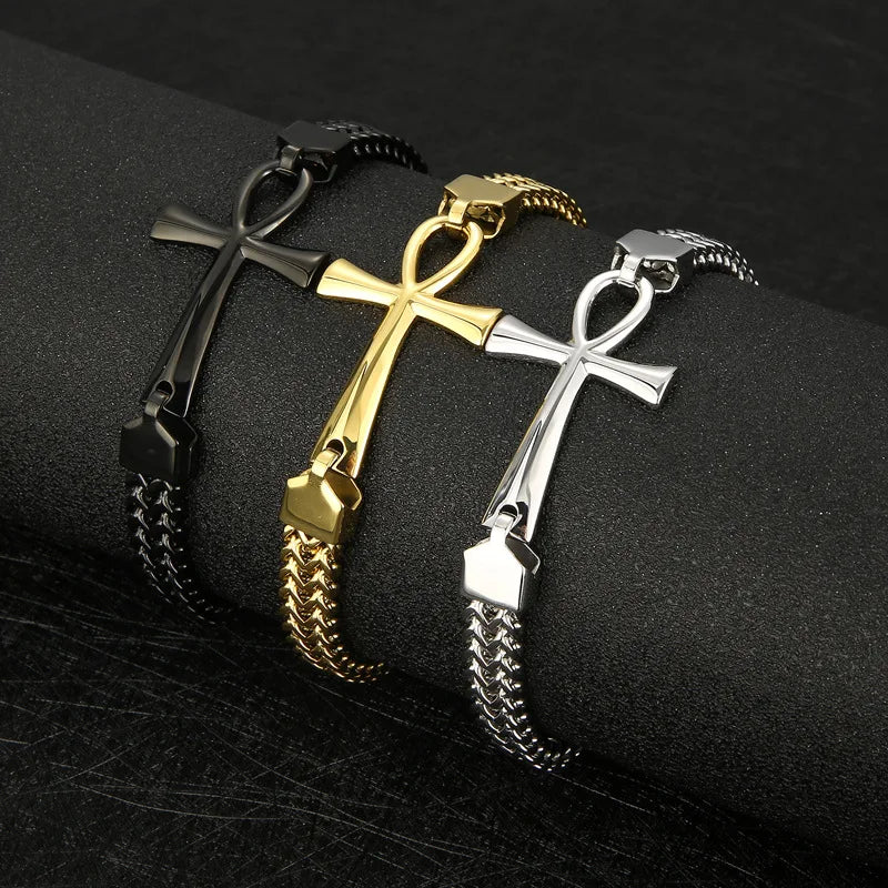 Hip Hop Stainless Steel 18K Gold Plated Men's Double Braid Ancient Egyptian Cross Bracelet for Anniversary