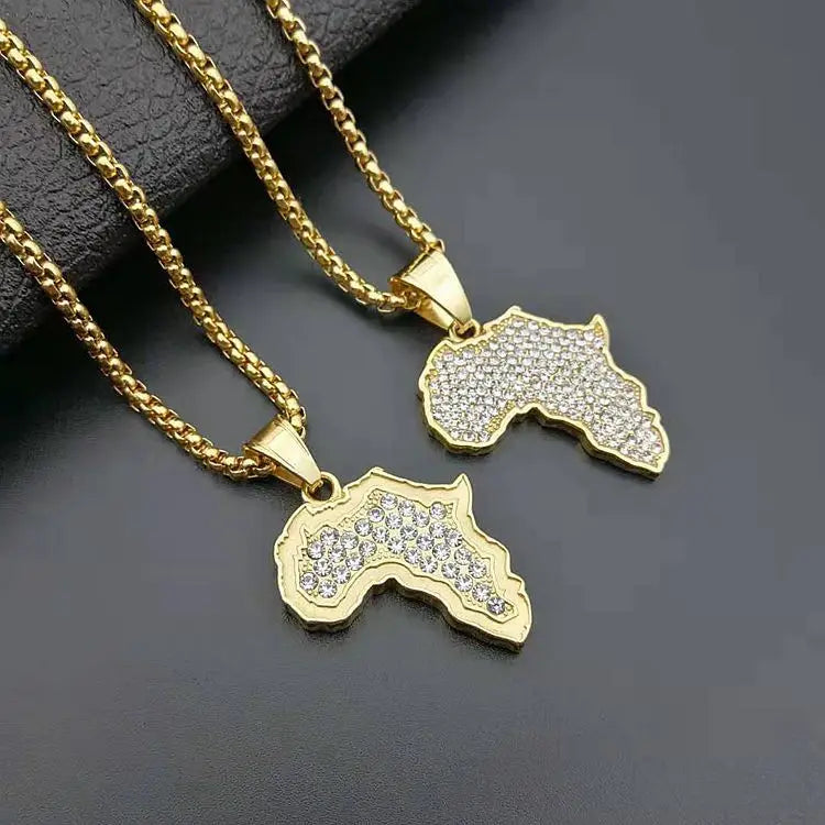 Trendy Stainless Steel Africa Map Necklace Shiny Rhinestone Crystal Map of Africa Pendant Necklace for Women