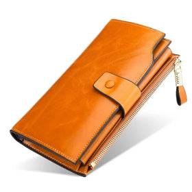 Top Grain Cowhide Leather Women Long Purse With Zipper Pocket Ladies Credit ID Card Holder Wallets Mix Color Girls Pouch